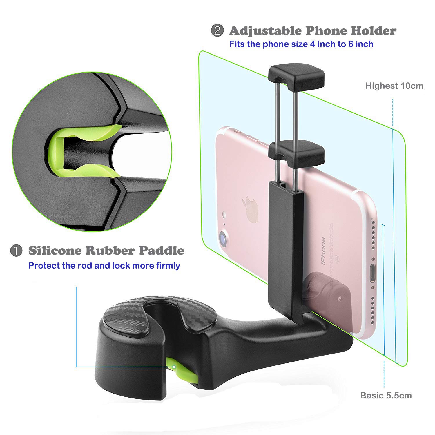 Car Backseat Hooks with Phone Holder,Universal Vehicle Car Headrest Hooks Hanger with Lock and Phone Stand for Holding Phones and Hanging Shopping Bag, Purse, Cloth, Grocery Bags - Pack of 2