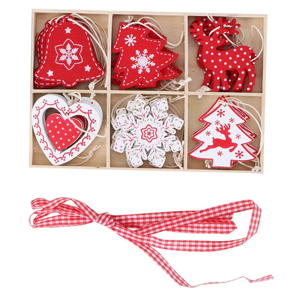 Christmas Tree Hanging Pendants 24Pcs Craft Christmas Decor Ornament Elk SantaTree Snowflake Jingle Bells Wooden Painted Craft Decorations for Xmas Festival Party House