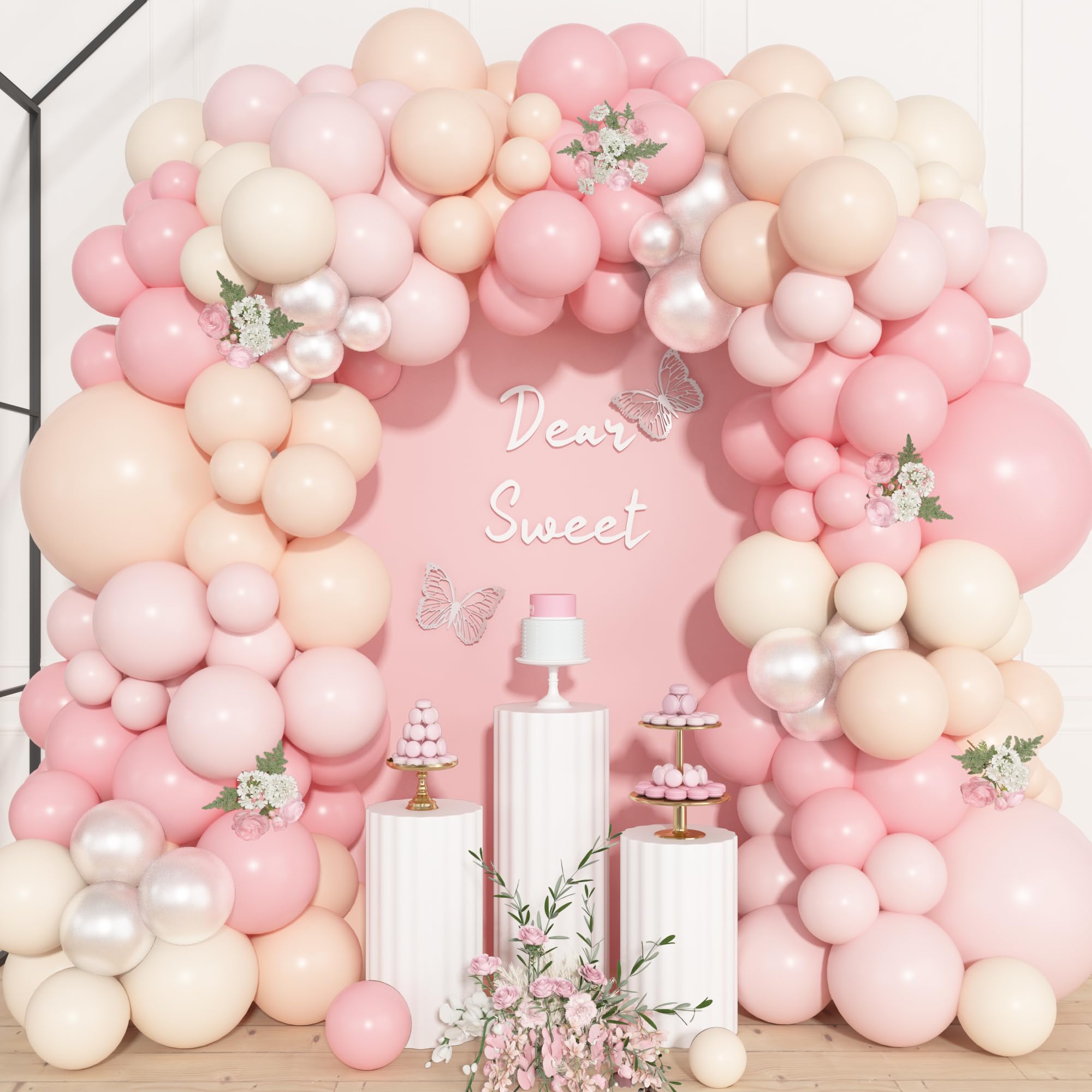 Photo 1 of Ouddy Life 157 Pcs Pink Balloons Arch Garland Kit, Light Pastle Pink Ivory Pearl Sand White Nude Balloons Different Size for Wedding Birthday Bridal Baby Shower Gender Reveal Decorations