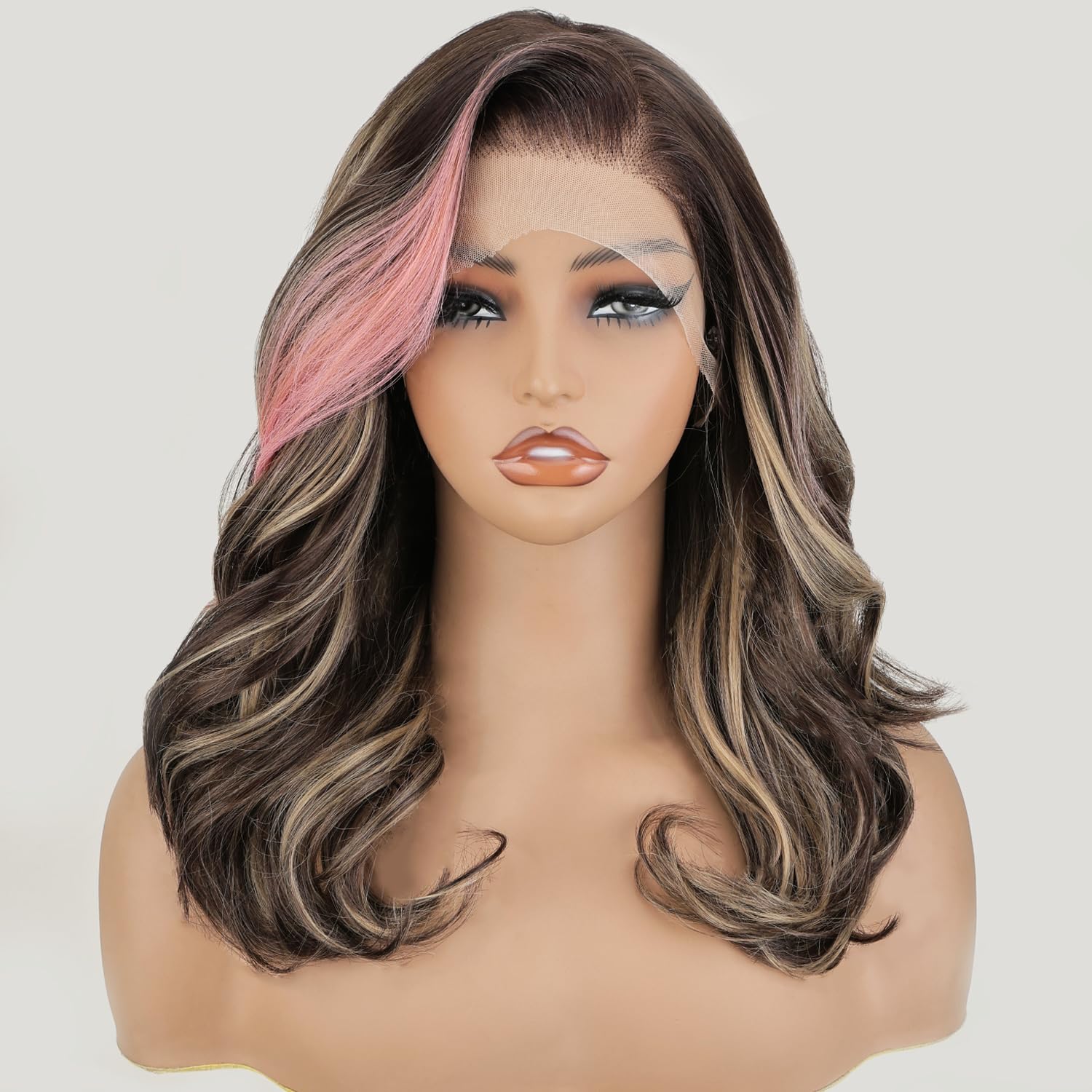 Photo 1 of SOKU Highlight Pink Body Wave Lace Front Wigs Pre Layered, 18 Inch Short Wavy Glueless Wig Pre Plucked, 13x6 Blonde and Pink Synthetic Lace Front Wig for Fashion Women, Ready to Wear Tiny Knots Wig