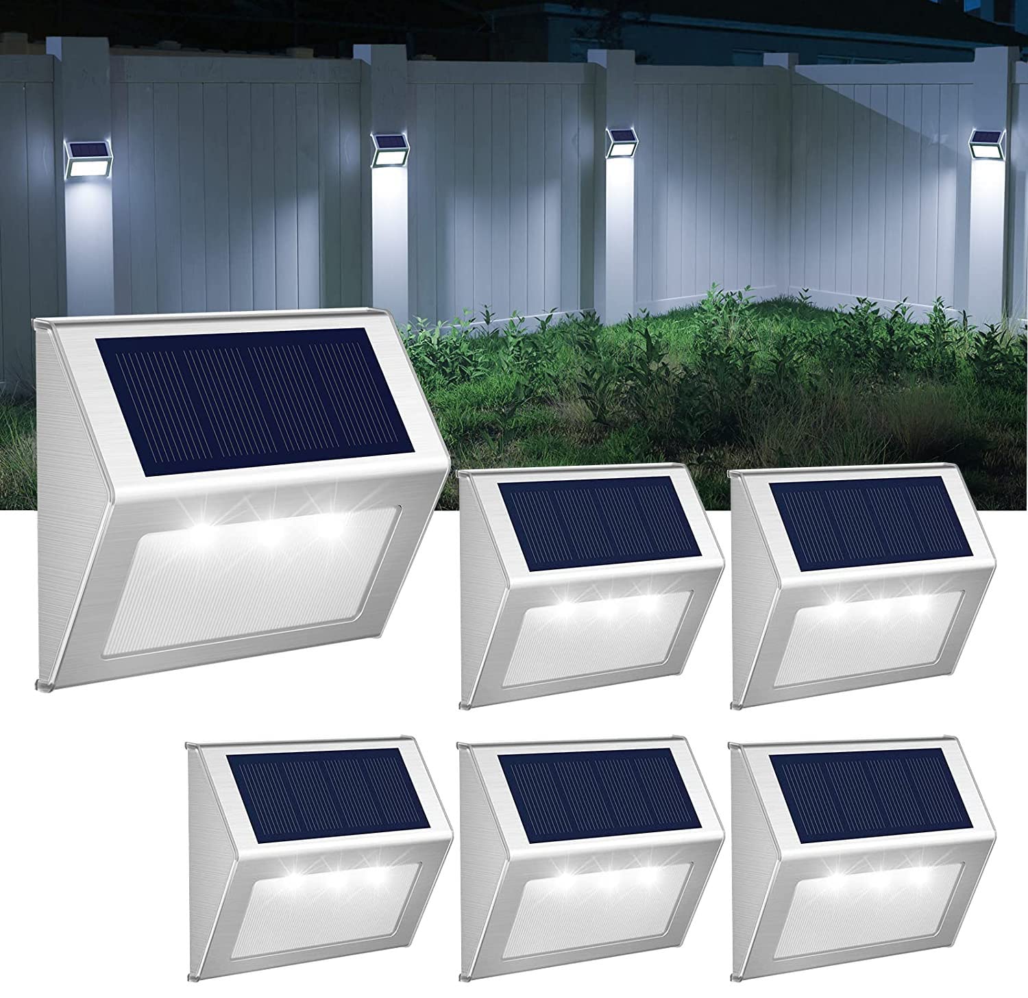 GVOREE 【Cool White】 Solar Fence Lights,Stainless Steel Decorative Lights LED Garden Lights,Waterproof Step Lights Wireless Outdoor Lights for Stair,Wall,Patio,Yard,Path,Fence,6Pack