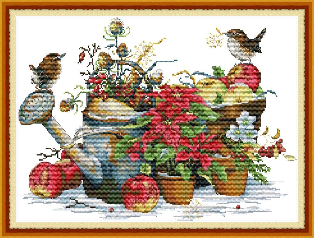 CaptainCrafts Cross Stitch Kits Counted Cross Stitch No pre-Printed Fabric DIY Cross Stitch Set DMC Art Embroidery Kits Needlework Crafts (Unpreprinted 14CT, Flower Pot and Birds)