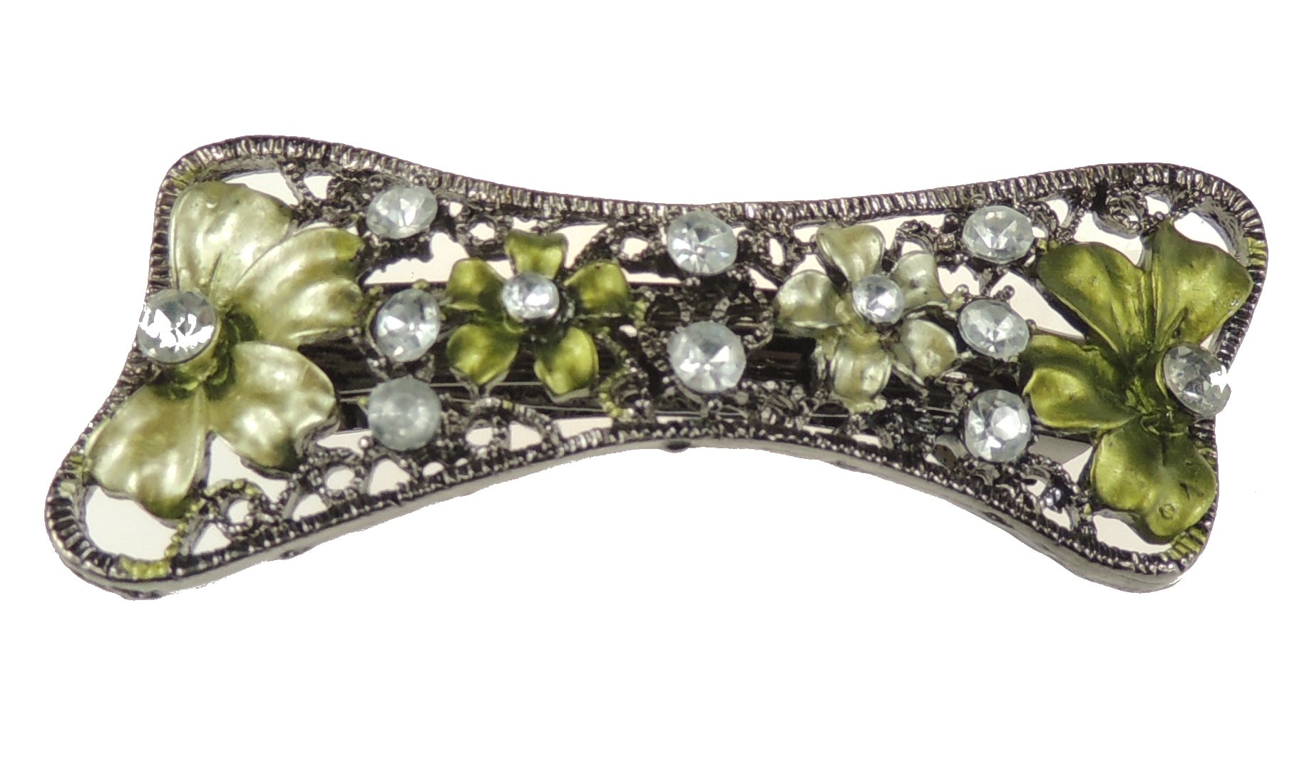 Womens Girls Crystal Diamante Wedding Birthday Party Evening Ponytail Fine Medium Hair Occasion Barrette Hairpin Grip French Spring Clip Vintage Look Silver Tone Floral Flower Enamel Bow (Green)