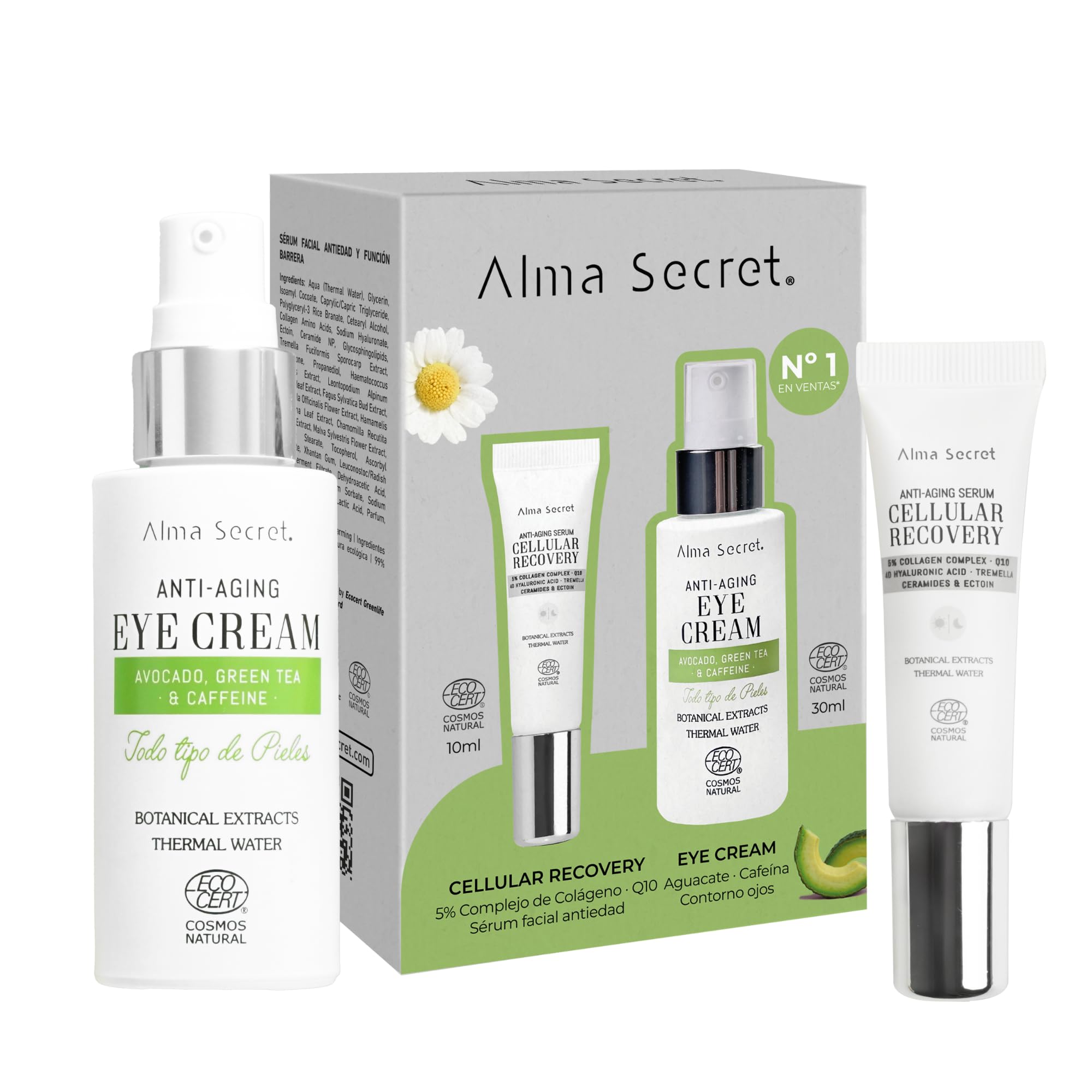 Skin Care Pack - Avocado, Green Tea and Caffeine Eye Contour Cream + Cellular Recovery Anti-Aging Facial Serum, Eye Contour and Facial Serum for All Skin Types ECOCERT COSMOS NATURAL