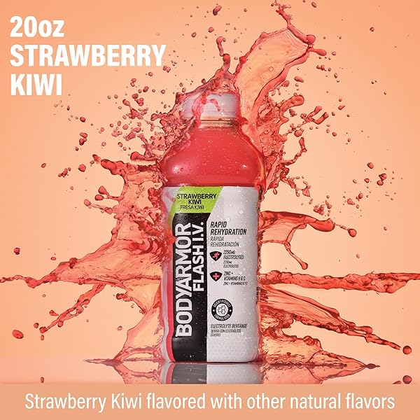 BODYARMOR FLASH I.V. ELECTROLYTE BEVERAGE, STRAWBERRY KIWI, HYDRATION DRINK WITH COCONUT WATER FOR RAPID REHYDRATION, POST WORKOUT RECOVERY, 20 FL OZ (PACK OF 12)