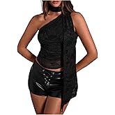 MakeMeChic Women's Floral Lace One Shoulder Tank Top Ruched Sleeveless Y2k Tops with Scarf
