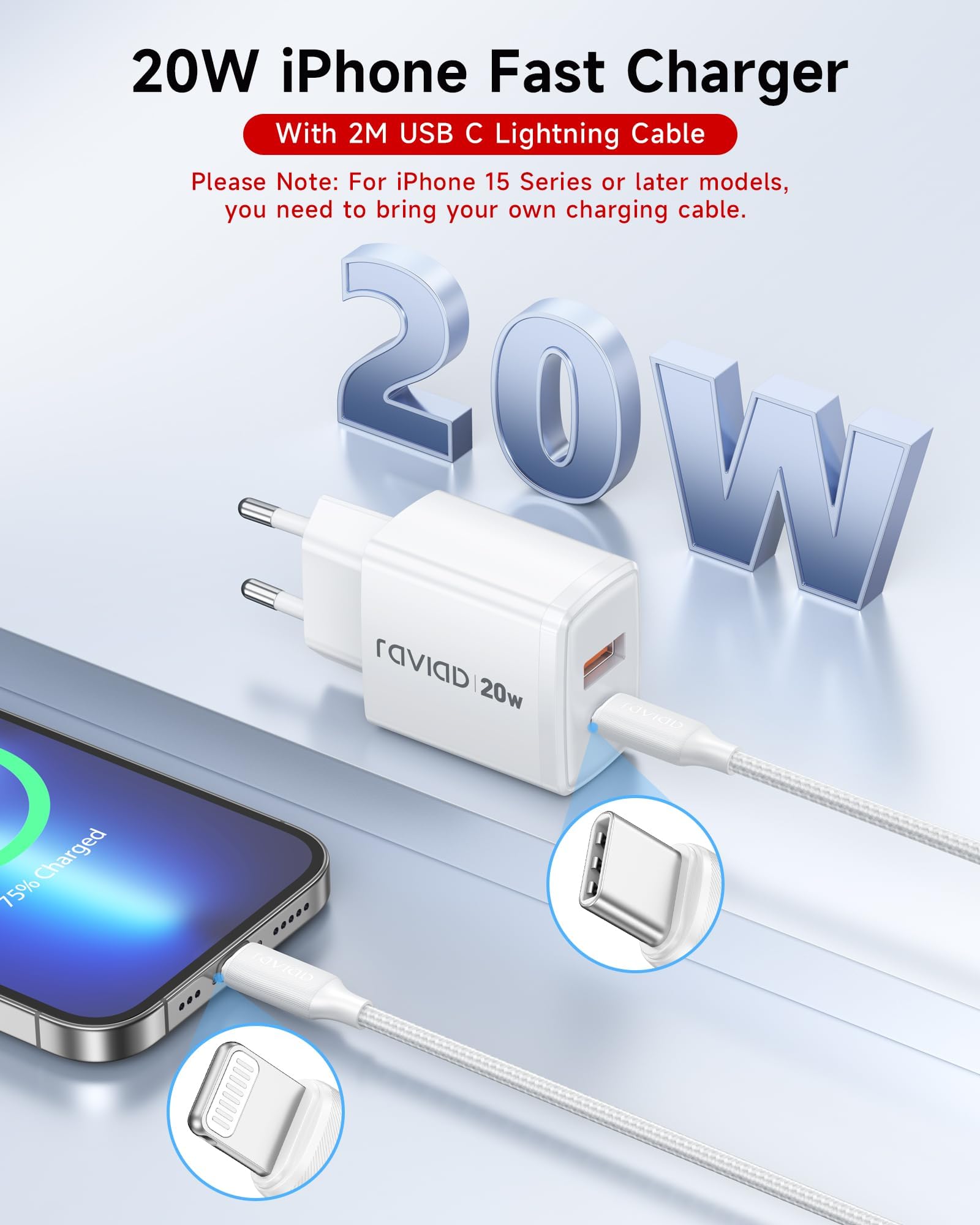 RAVIAD iPhone Ladekabel und Schnellladegerät [MFi-Zertifiziert] 20W iPhone Ladegerät, 2M USB C auf Lightning Kabel mit Netzteil Power Adapter Ladestecker für iPhone 14 Pro Max 13 Plus 12 11 SE X iPad 2
