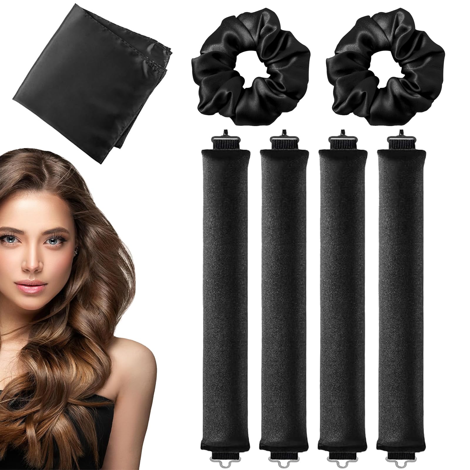 4 PCS Heatless Blowout Rods, With 1 PCS Soft Scarves+2 PCS Hair Loop, Overnight Blowout Rods, Heatless Curls, Heatless Curlers, Women Long Hair Styling Tools for All Hair (Black)