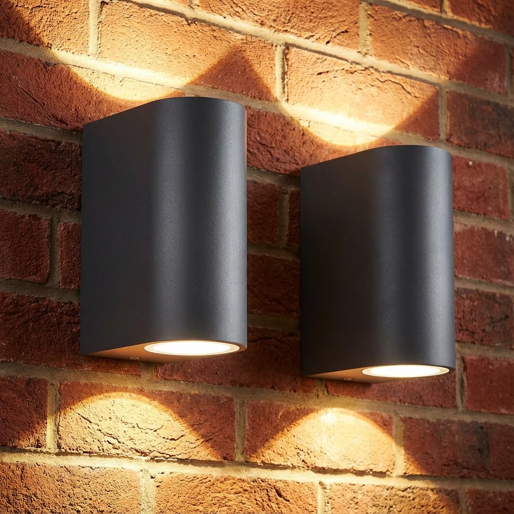 LASIDE Outdoor Wall Lights Pack of 2, Anthracite Grey GU10 Up Down Outside Wall Lights Electric, IP44 Waterproof Aluminium Garden Wall Light Mains Powered for Patio, Terrace, Balcony, Porch, Garage