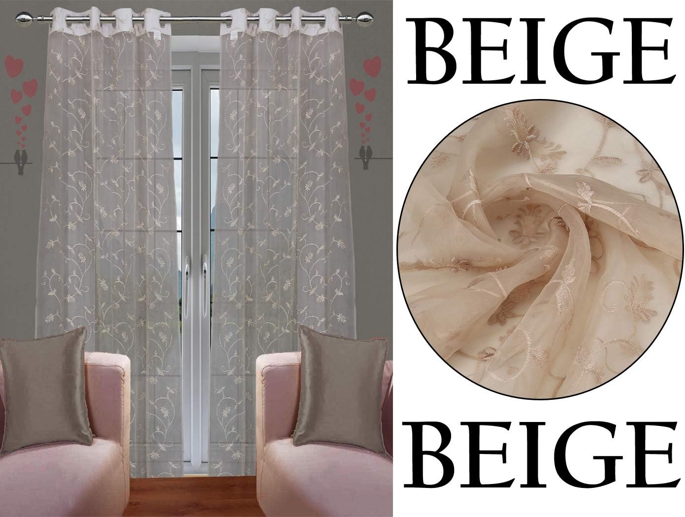 JVIN FAB Polyester Floral Grommet Door Curtain, 7 feet, Beige, Pack of 2