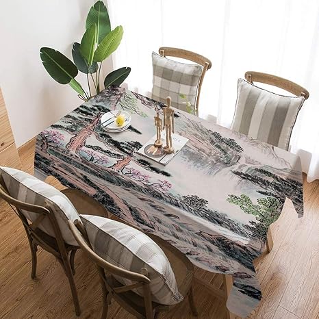Amazon 鉛筆画の装飾 テーブルクロス 137 137cm 山と川の絵画効果松の木花柄のデザイン テーブルカバー リネン お手入れ簡単 テーブルマット テーブルクロス オンライン通販