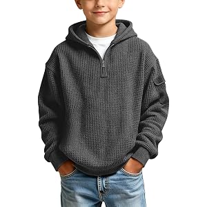 Olivcker Boys Girls Waffle Quarter Zip Hoodies Long Sleeve Loose Sweatshirts With Side Pocket Fall Winter Tops for 3-14 Years
