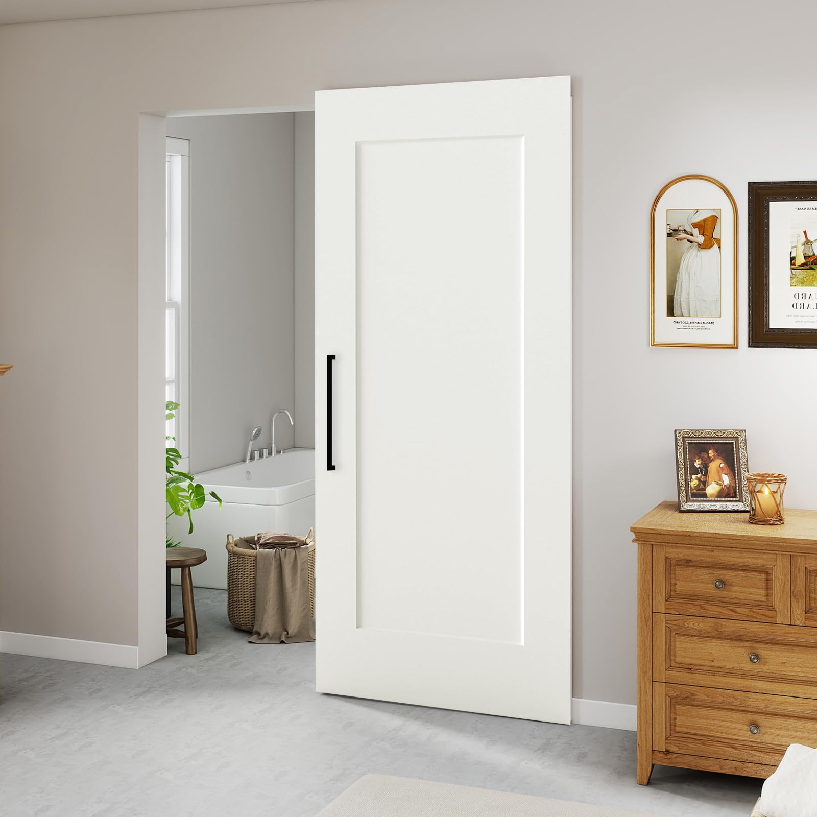 Photo 1 of *DAMAGE* BarnSmith 36"x84" Concealed Sliding Barn Door, Shaker Style Flat 1 Panel White Primed Solid Core Hidden Barn Door with Soft Close Installation Hardware and Handles Included, Pre-Assembled Panel