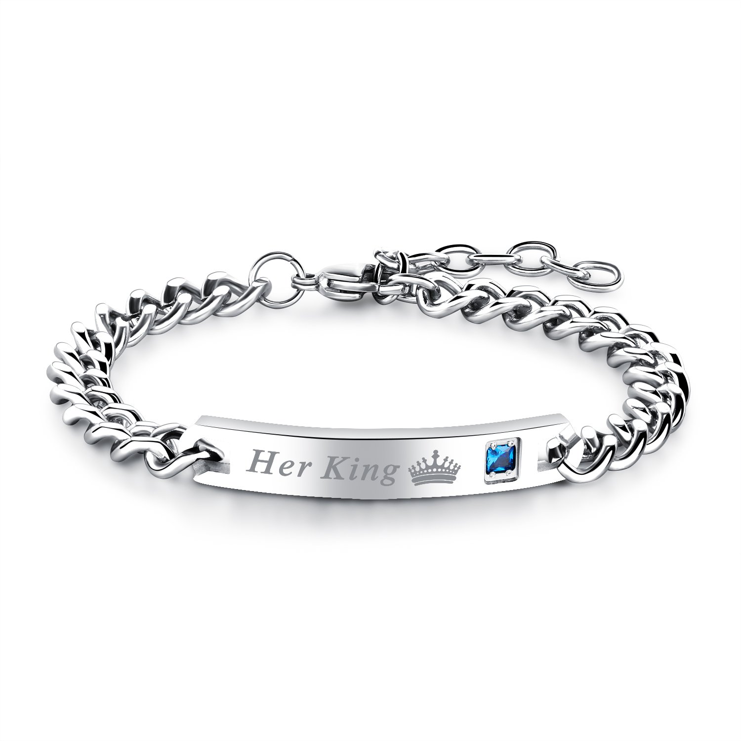 JewelryWe Jewellery Men's Women's Partner Bracelet, Love Friendship Bracelet, Her King & His Queen Script Crown, Stainless Steel Cubic Zirconia, Silver, Free Engraving 22 centimeters Silver (men)