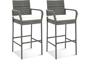 DORTALA Wicker Patio Bar Chairs Set of 2, Outdoor PE Rattan Bar Stools with Cushion, Armrests, Footrest and Backrest, 400 Lbs