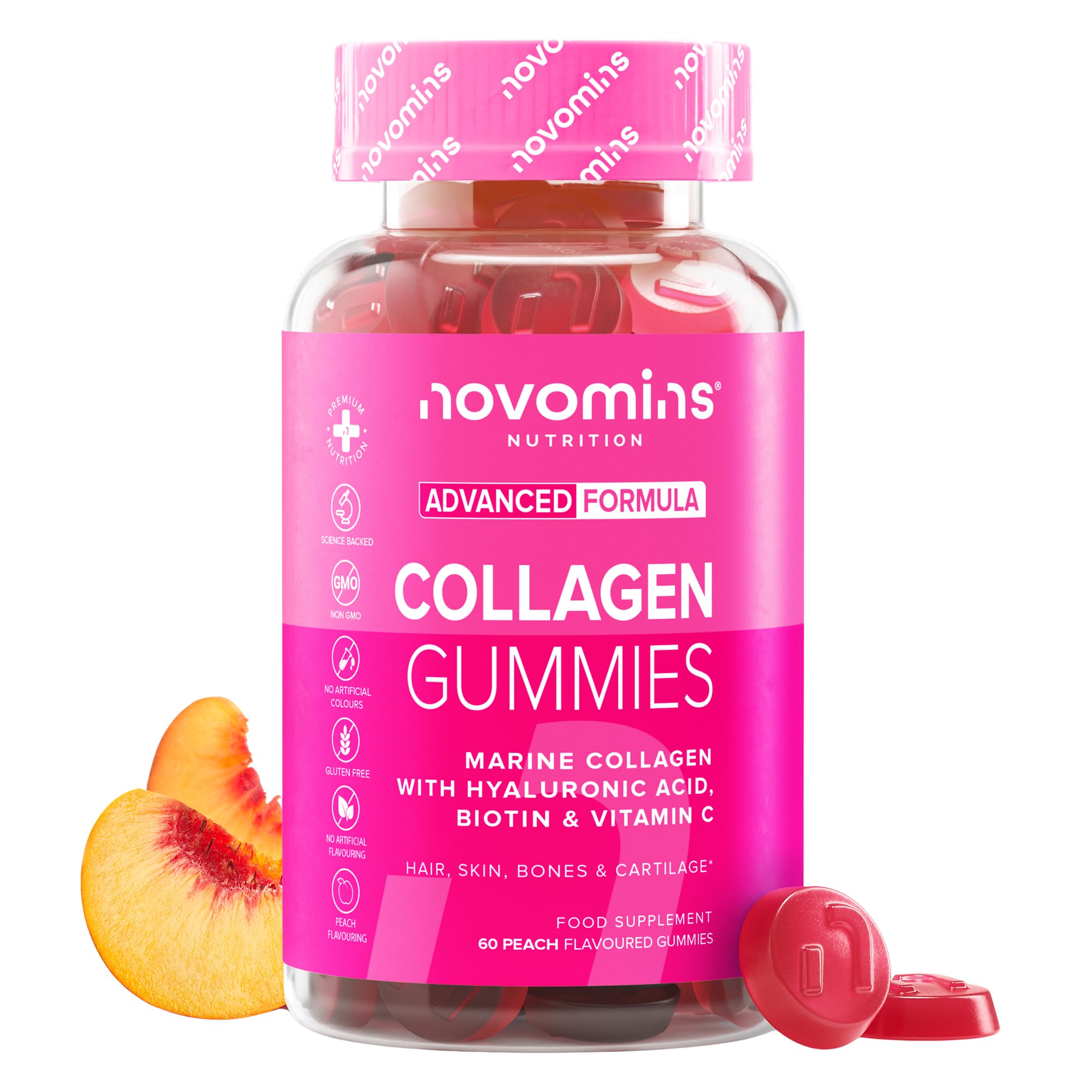 Collagen Gummies - Collagen Peptides with Hyaluronic Acid, Vitamin C & Biotin - Collagen Supplements for Women & Men - More Convenient Than Collagen Powder - 60 Marine Collagen Gummies - Novomins