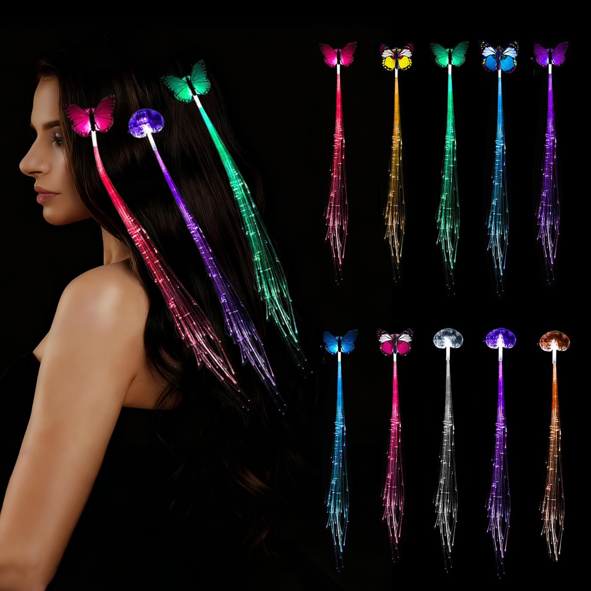 Photo 1 of ?10 Pack Light Up Hair Accessories Braid, Glow in the Dark Party Supplies Favors for Women Girl, Light Up Braid Extension Clips