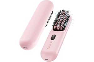 RYCHI Cordless Hair Straightener Brush, Mini Portable Straightening Comb for Travel, USB-C Rechargeable, 12-Temp Settings, 30s Fast Heating, Negative Ions Smoother, 2 Hair Clips, Gift for Women, Pink