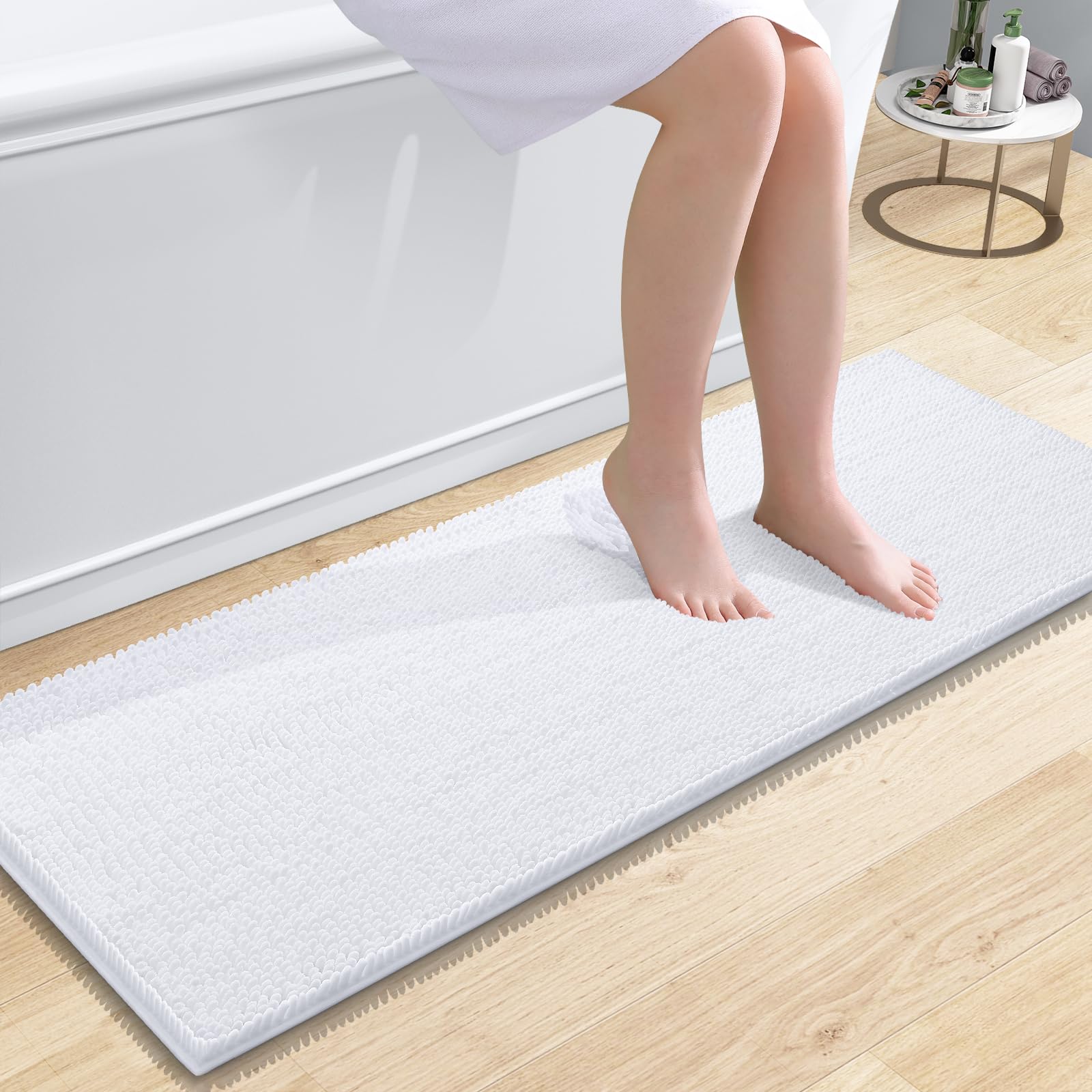 smiry Chenille Bath Mat, 40 x 120 cm, Non-Slip Super Absorbent Bathroom Mat Extra Soft Fluffy Bath Mats for Bathroom Thick Machine Washable Floor Mats Rugs Runner, White