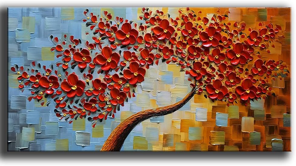 Paintings - YaSheng Art -handpainted Contemporary Art Oil Painting On Canvas 3D Red Tree Paintings Modern Home Decor Wall Art for living room Ready to hang 24x48inch