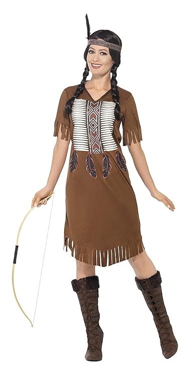 Smiffys 45976M - Damen Indianer Kämpferin Prinzessinnen Kostüm, Kleid und Haarband, Größe: 40-42, braun
