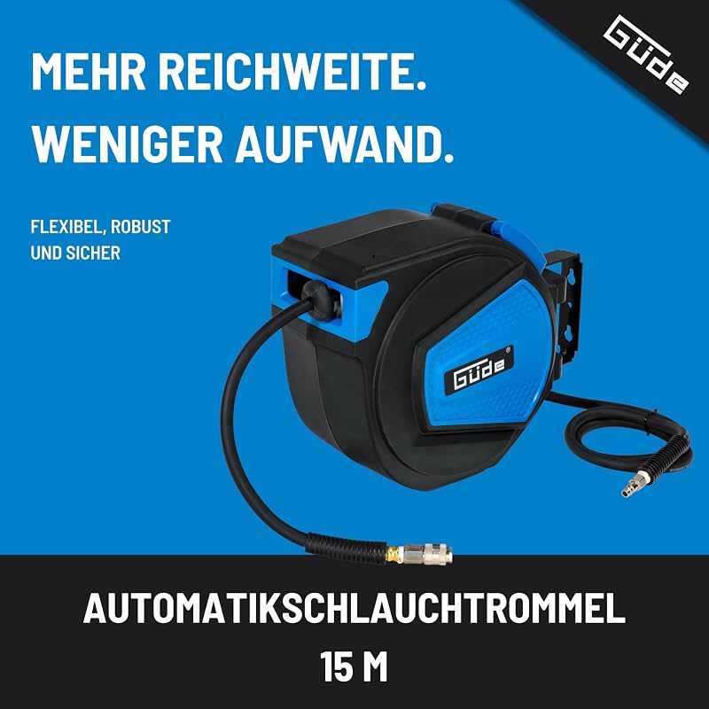 Automatikschlauchtrommel 15 m (12 bar, 180° schwenkbar, Druckluftschlauch Ø 16/9 mm hochflexibel, abriebfest, überfahrbar, chemikalien- und temperaturbeständig, Automatikeinzug, Wandhalterung)
