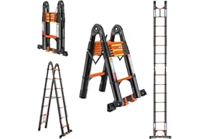 EVASTAR HOME EvaStar 14.5FT A Frame Telescoping Ladder, Lightweight Aluminum Telescopic Ladders w/Triangle Stabilizers, Stabilizer Bar & Wheels, 330lbs Capacity Extension Ladder for Home, Outdoor- Orange & Black