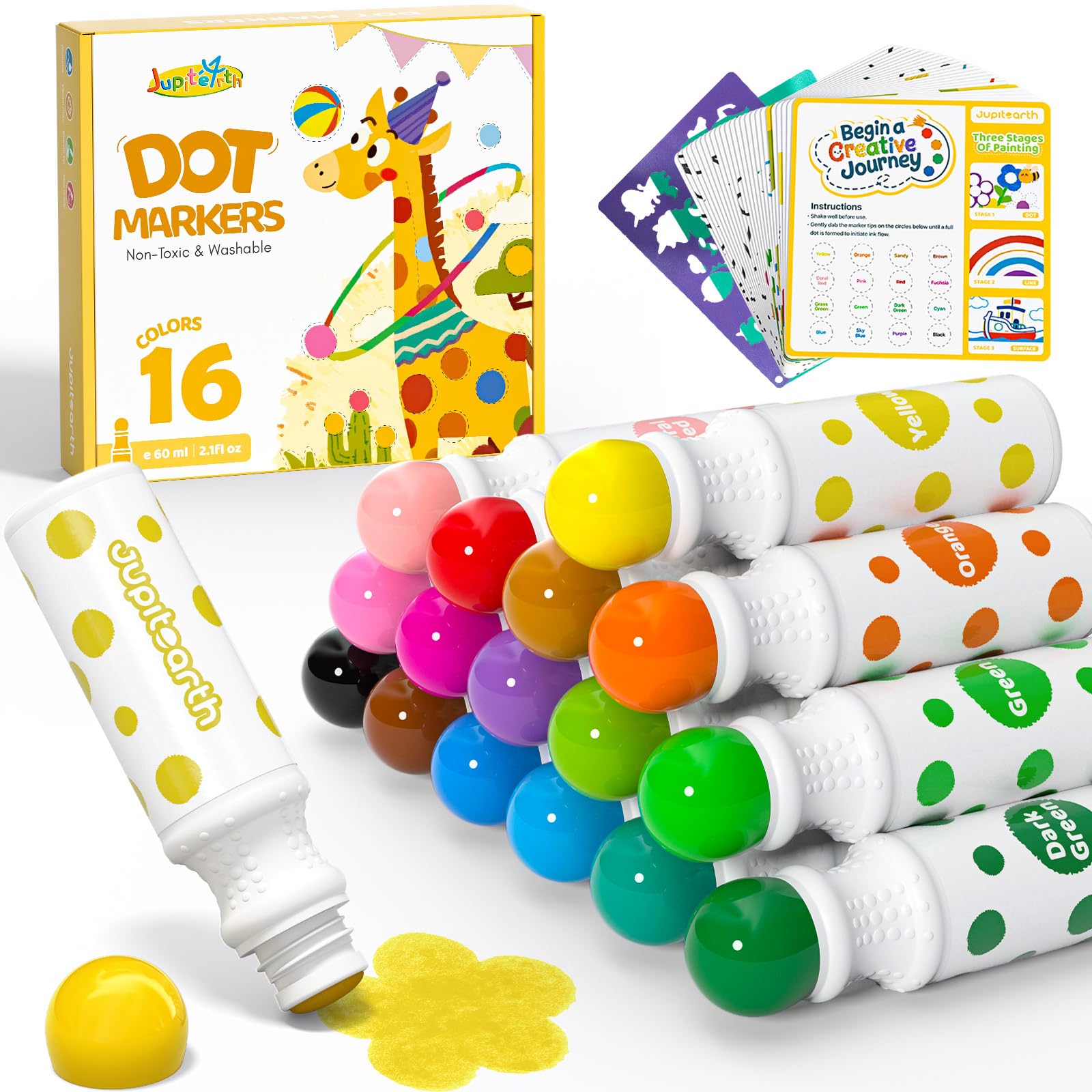 JUPITEARTH 42 PCS Dot Markers for Toddlers, 16 Colors Washable Bingo Daubers with 120 PDF & 24 Printed Activity Papers 2 Stencils, Non-Toxic Dot Paint for Toddler 1-3, Markers for Kid Arts and Crafts