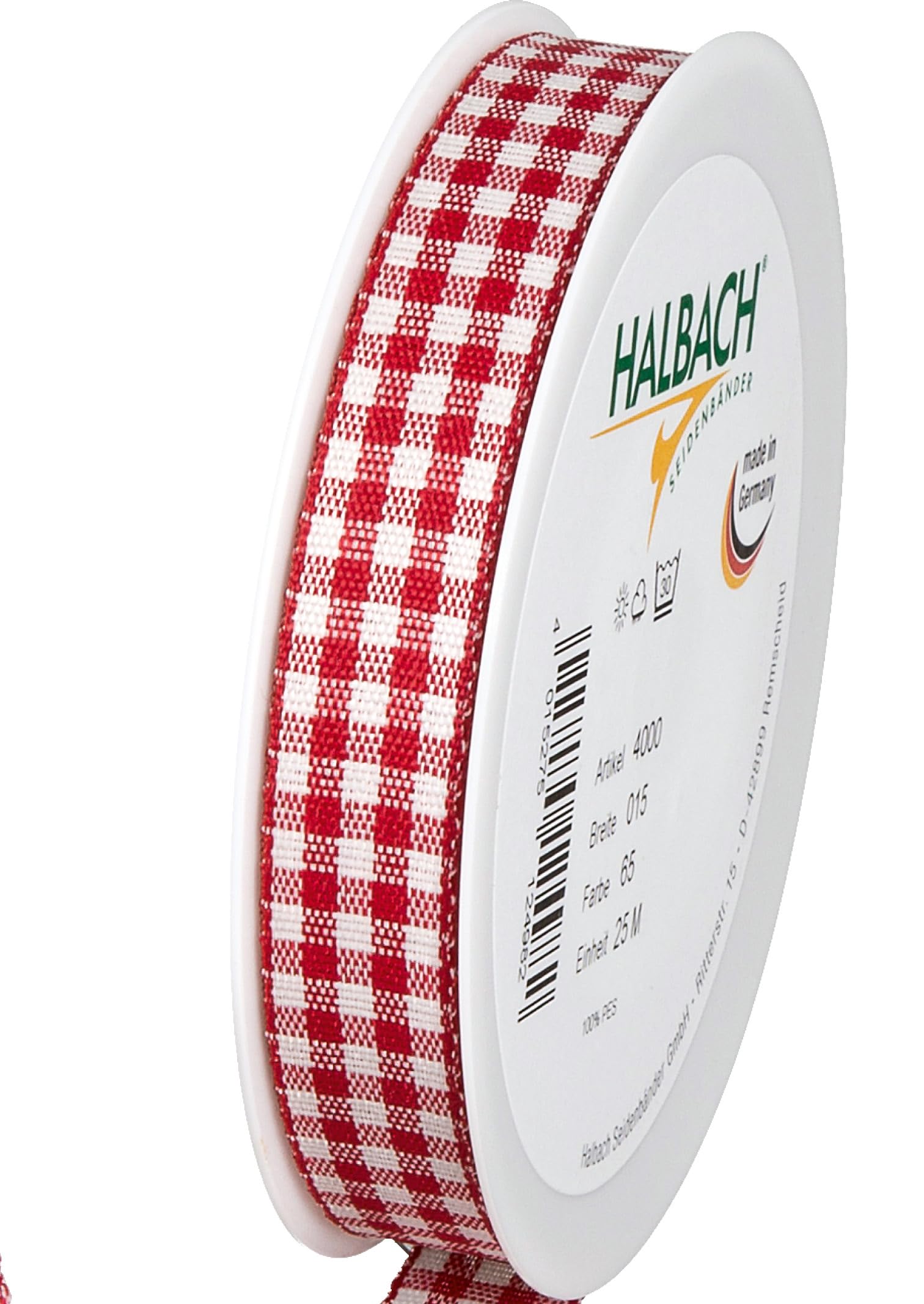 Halbach Seidenbänder Premium Vichy Checked Gift Ribbon (Red) | Width 15 mm Length 25 m | Checked Ribbon Made in Germany | Checked Ribbon in Many Colours — image 1