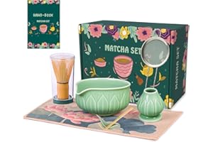 LAYOFE Matcha Whisk Set - 7pcs Japanese Tea Ceremony Kit with Spouted Bowl & Bamboo Whisk, Matcha Starter Kit for Beginners - Authentic Green Tea Accessories, Gift Set for Lovers-Emerald Green