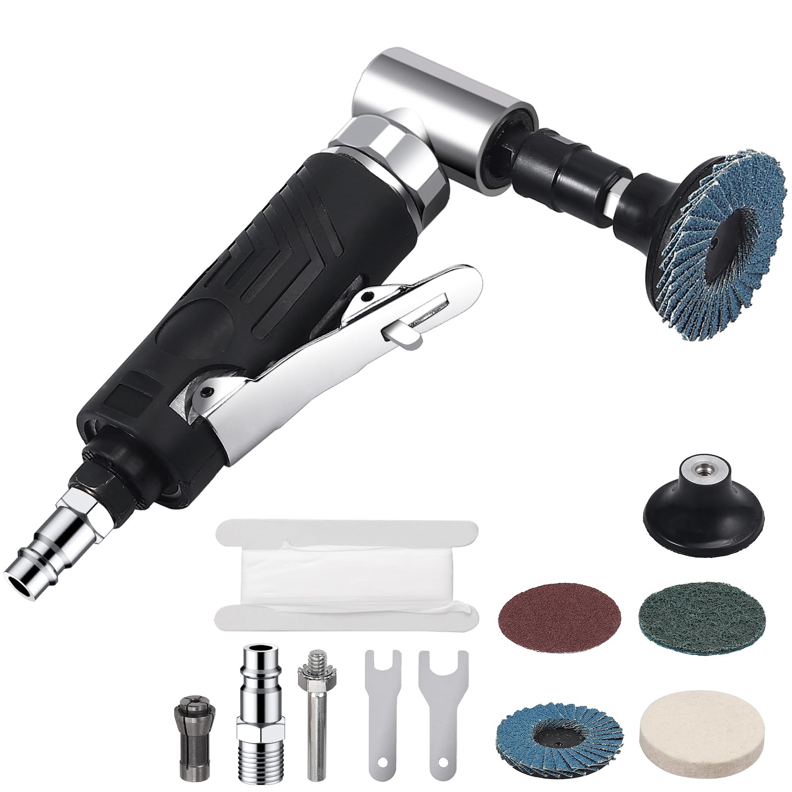 EYPINS Roloc Pneumatic Angle Grinder 1/4" 90psi (6.35 Bar) 20,000 RPM with 4 Different Discs 2 Chucks 3mm/6mm for Preparing Surfaces for Soldering, Polishing and Grinding Bodywork Lustre