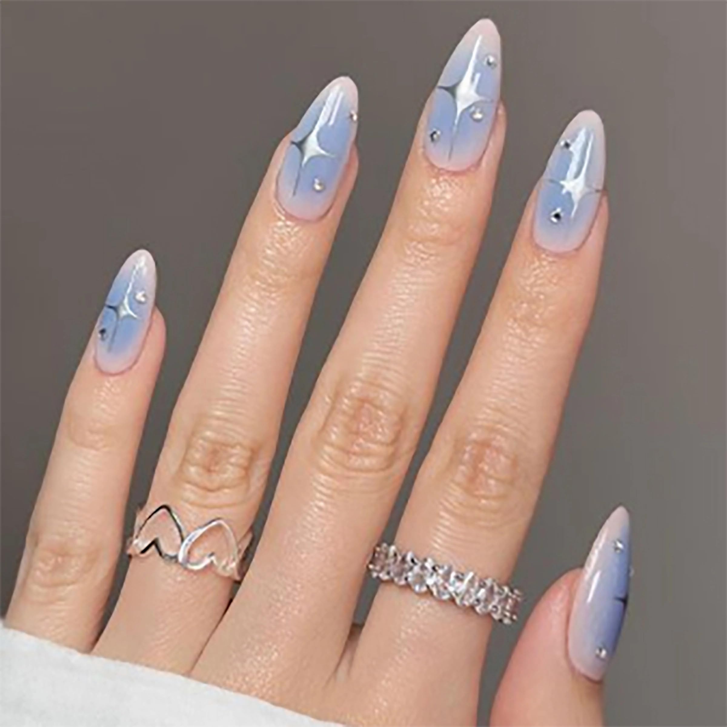 MERVF Medium Almond Gradient Stiletto Acrylic Nails Blue Gradient - 24pcs Glossy Aura False Nails with Star Rhinestones Design Press Ons Glue Ons - Image 2