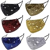 DFFGGD 6 Pcs Washable Glitter Bling Women Face Mask. Breathable Reusable Adjustable Fashion Masquerade Facemasks With Pocket.