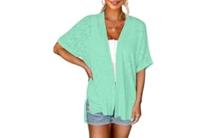 Binmer Women's Casual Lightweight Open Front Cardigans Loose Comfy Short Sleeve Beach Cover Up Solid Summer Side Split Coat