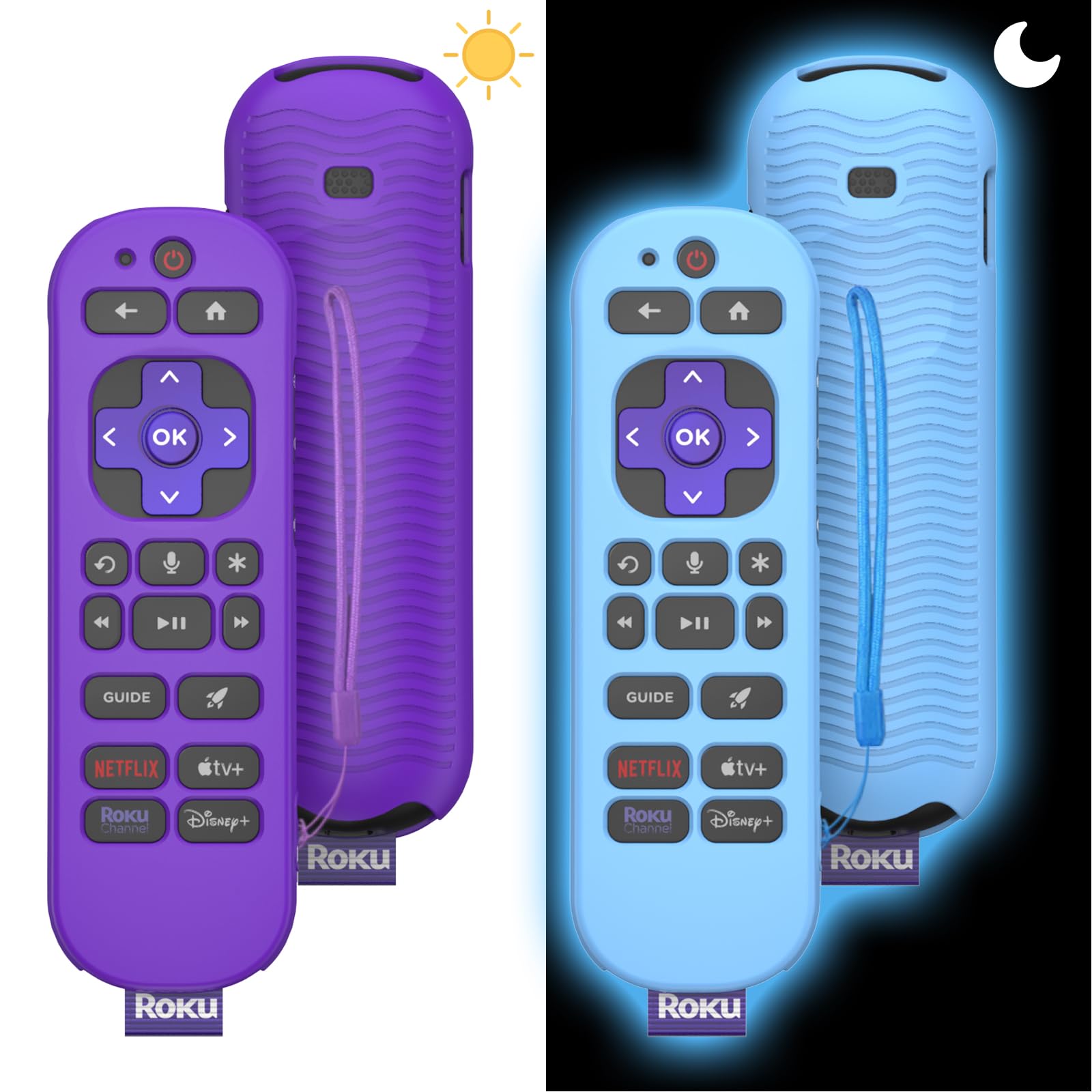 Photo 1 of [2 Pcs] Silicone Remote Case Cover for Roku Voice Remote Pro (2nd Ed.), Anti Slip Shockproof Remote Protective Sleeve for RCB1R(2024), Remote Protective Cover Case with Lanyard (Purple+Glow Blue)