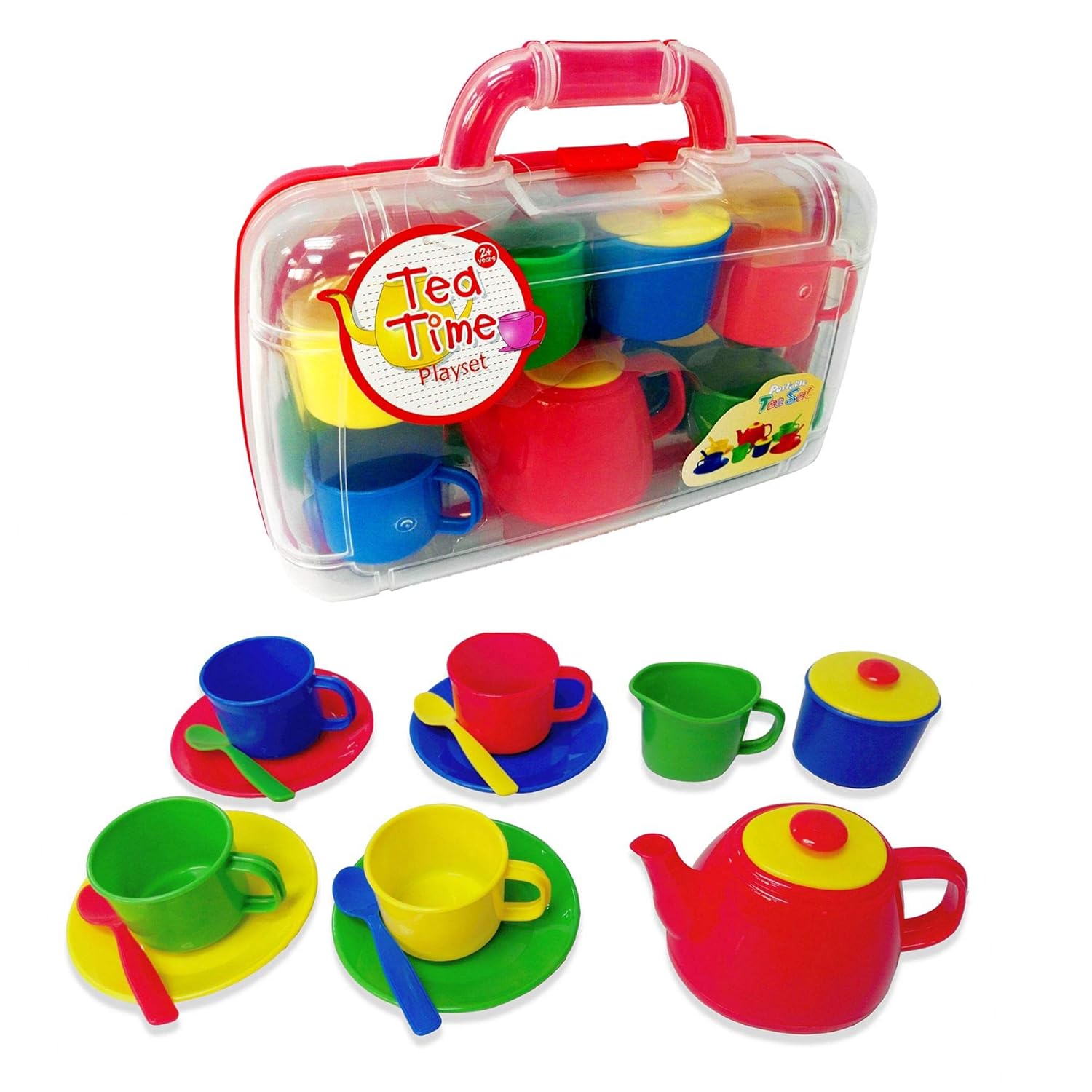 Vinsani Childrens Kids 15 Piece Red Portable Plastic Tea Set Includes Carry Case for Age 3 and
