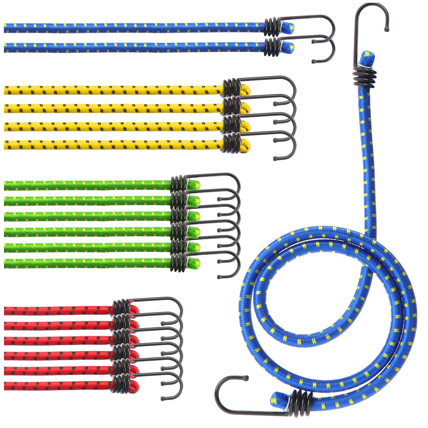 COM-FOUR® 10x Bungee Cords with Hooks, Heavy-Duty Expander Set for Luggage, Car, Bike, Camping – 4 Sizes, Metal Hooks, Load Capacity up to 30 kg