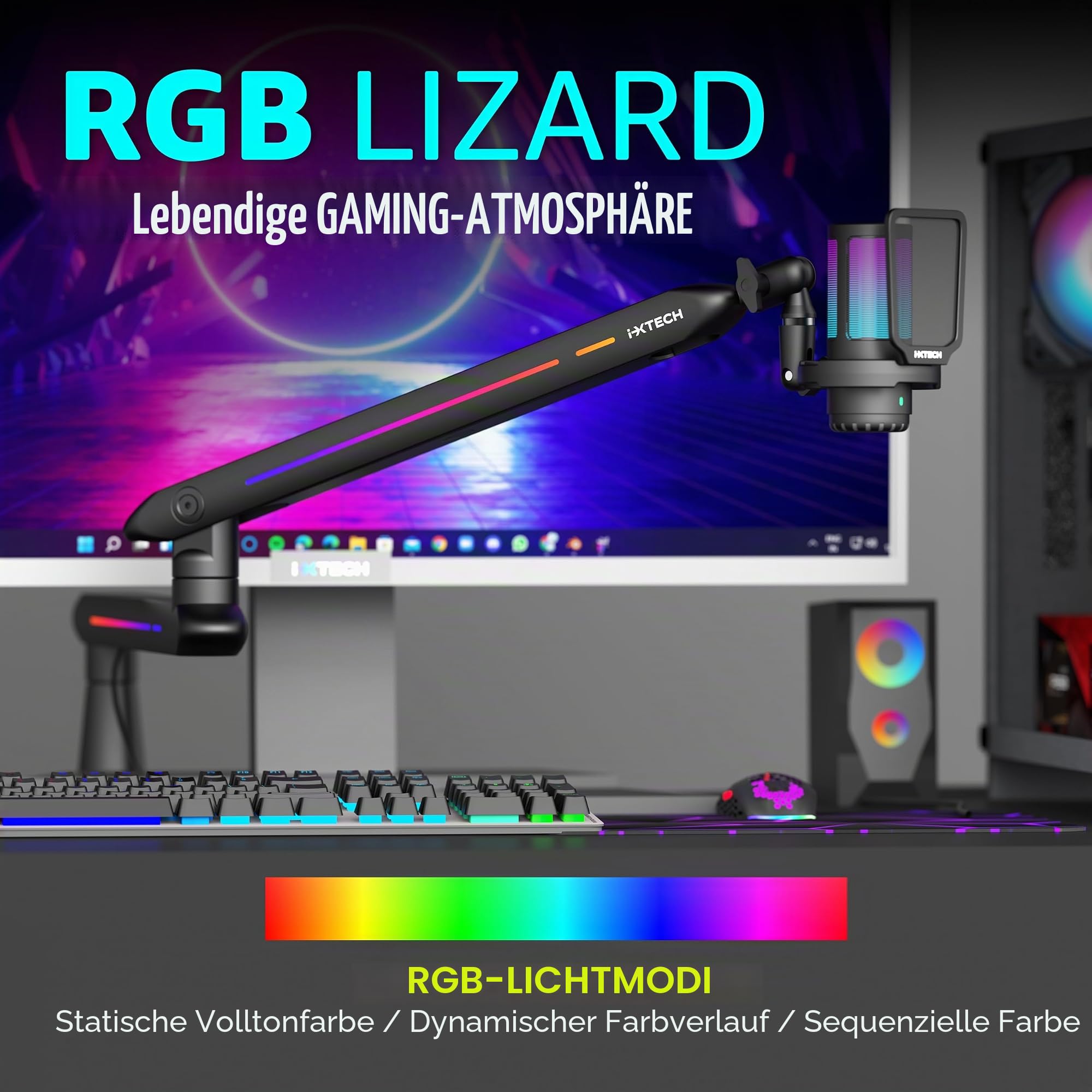 IXTECH RGB Low Profile Galgenarm für Mikrofon, verstellbarer Mikrofonarmständer mit Tischhalterungsklemme, drehbarer Mikrofonarm Mikrofonständer mit Kabelmanagement für Podcast-Streaming, 4