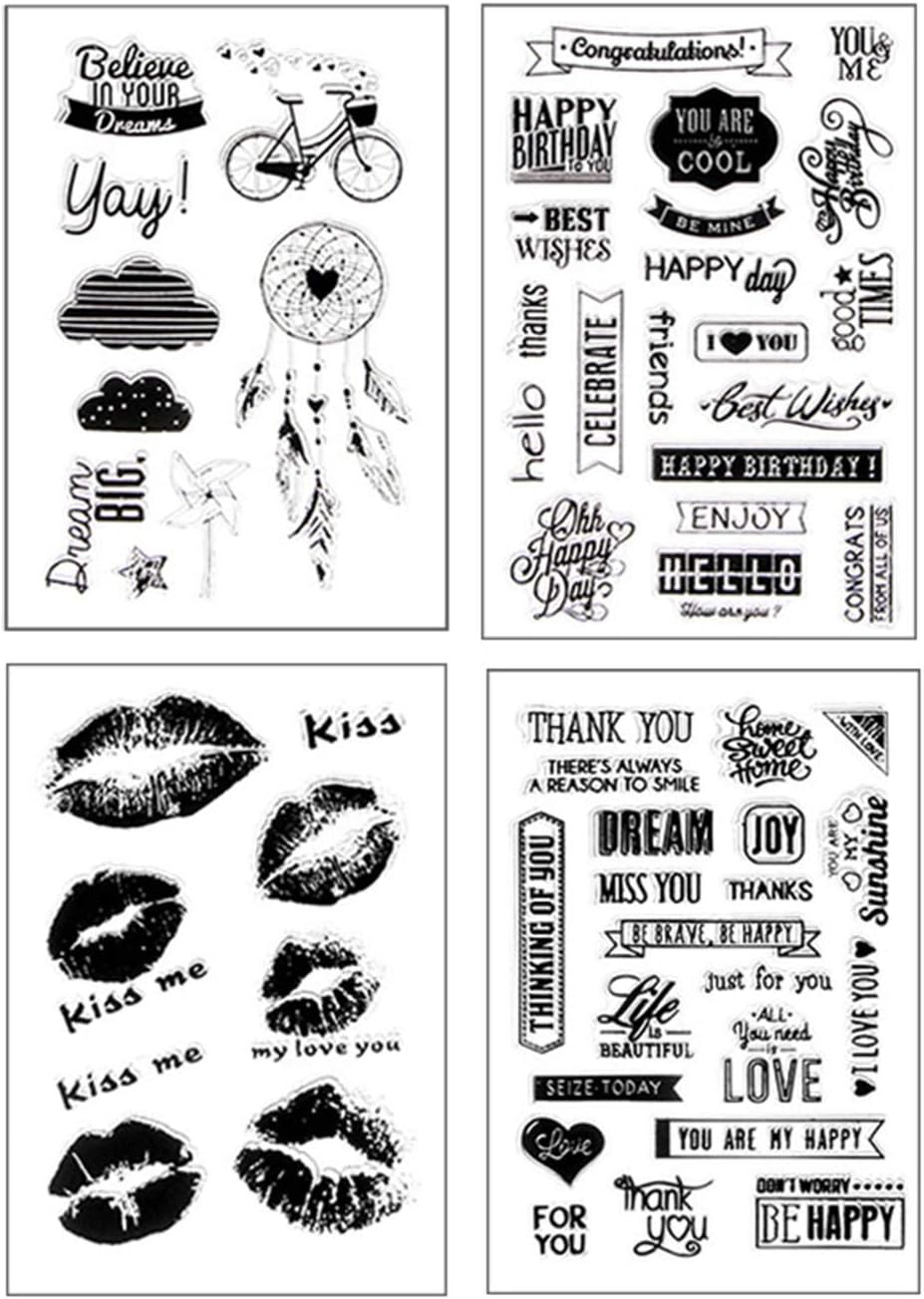 LIPROFE Perfectly Clear Stamp 4 Sheets Different Theme Friendly Phrases Pretty Patterns Silicone Stamps for Card Making Decoration and Scrapbooking