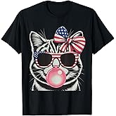 Patriotic Cat 4Th of July Bow American Flag Girls Women T-Shirt