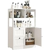 GRUSIGN Bathroom Storage Cabinet with Door and Drawers, Small Freestanding Bathroom Cabinet Organizer, Farmhouse Wooden Cupboard with Adjustable Shelves for Kitchen, Living Room, White