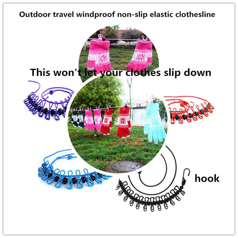 Windproof Stretchy Retractable Laundry Clothes Clothesline with 12 Clips for Outdoor Indoor