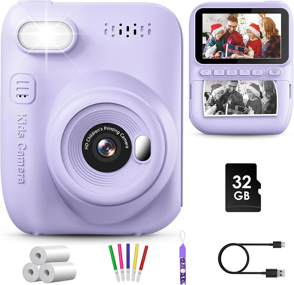 GREENKINDER Kids Camera Instant Print 3.0'' Screen 32GB Card 3 Rolls Purple