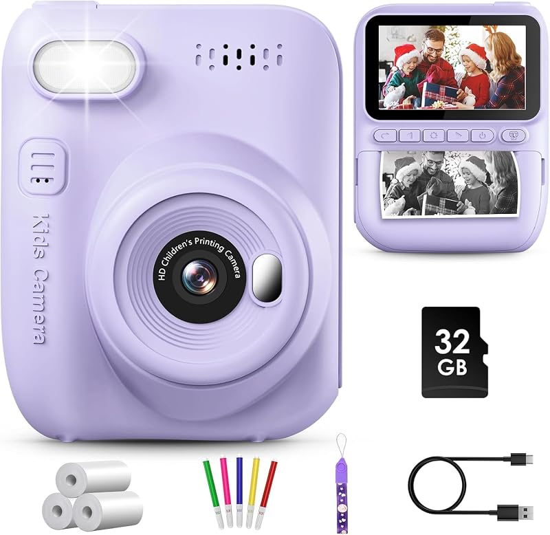 GREENKINDER Kids Camera Instant Print 3.0'' Screen 32GB Card 3 Rolls Purple
