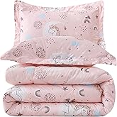 JSD Pink Unicorn Kids Comforter Set Twin Size, 2 Piece Girls Rainbow Microfiber Comforter with Pillow Sham, Lightweight All Season Washable