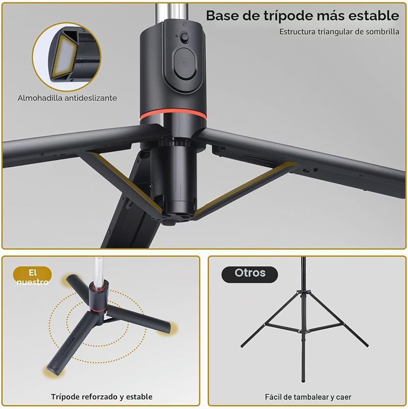 Tripé para selfies para telemóvel com 2 luzes, tripé móvel extra comprido de 116 cm com comando remoto destacável, compatível com a maioria dos iPhones, Samsung e telemóveis Android