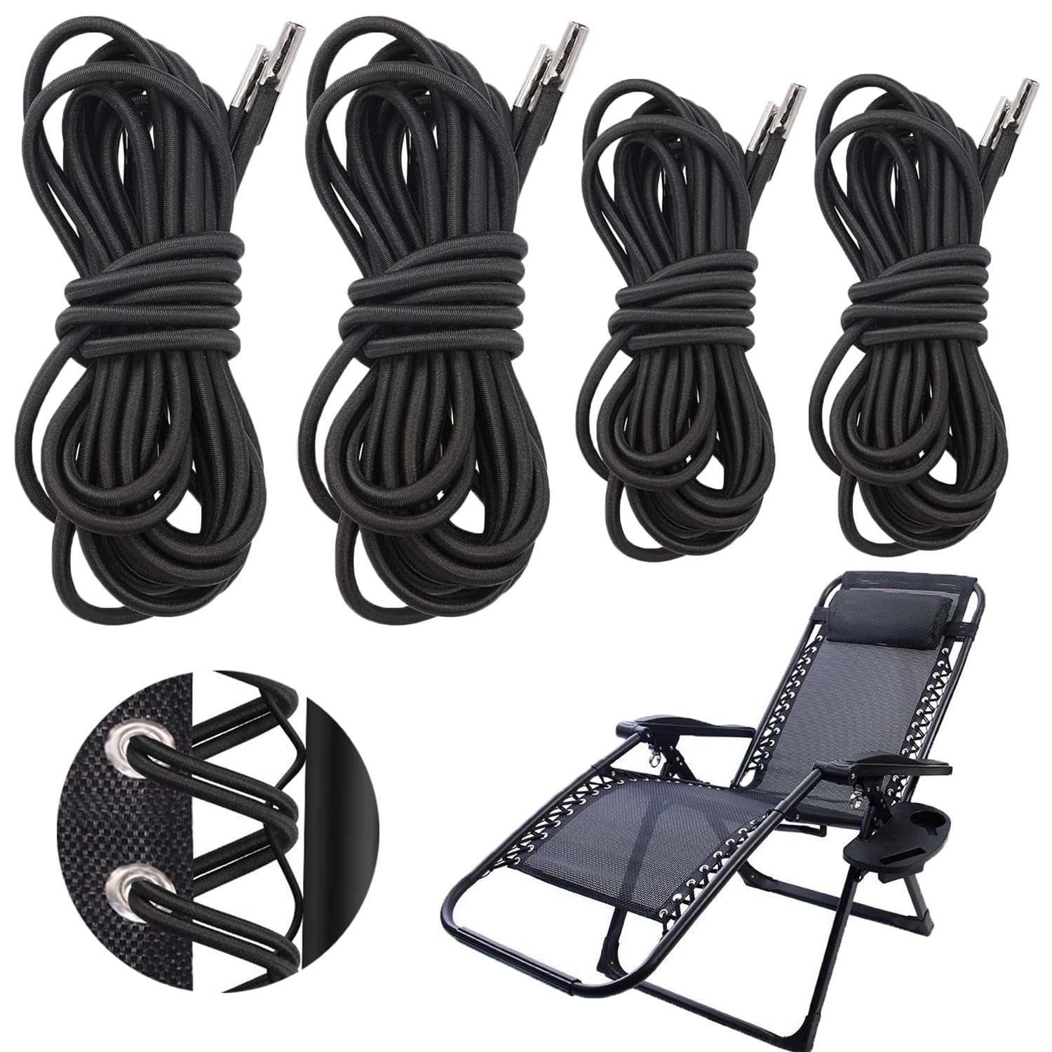 JOOTUEPO Replacement Cord for Zero Gravity Chair, 4 Pieces Universal Replacement Elastic Cords Repair Tool Kit for Sun Loungers, Garden Chairs, Anti Gravity Chair, Bungee Chairs