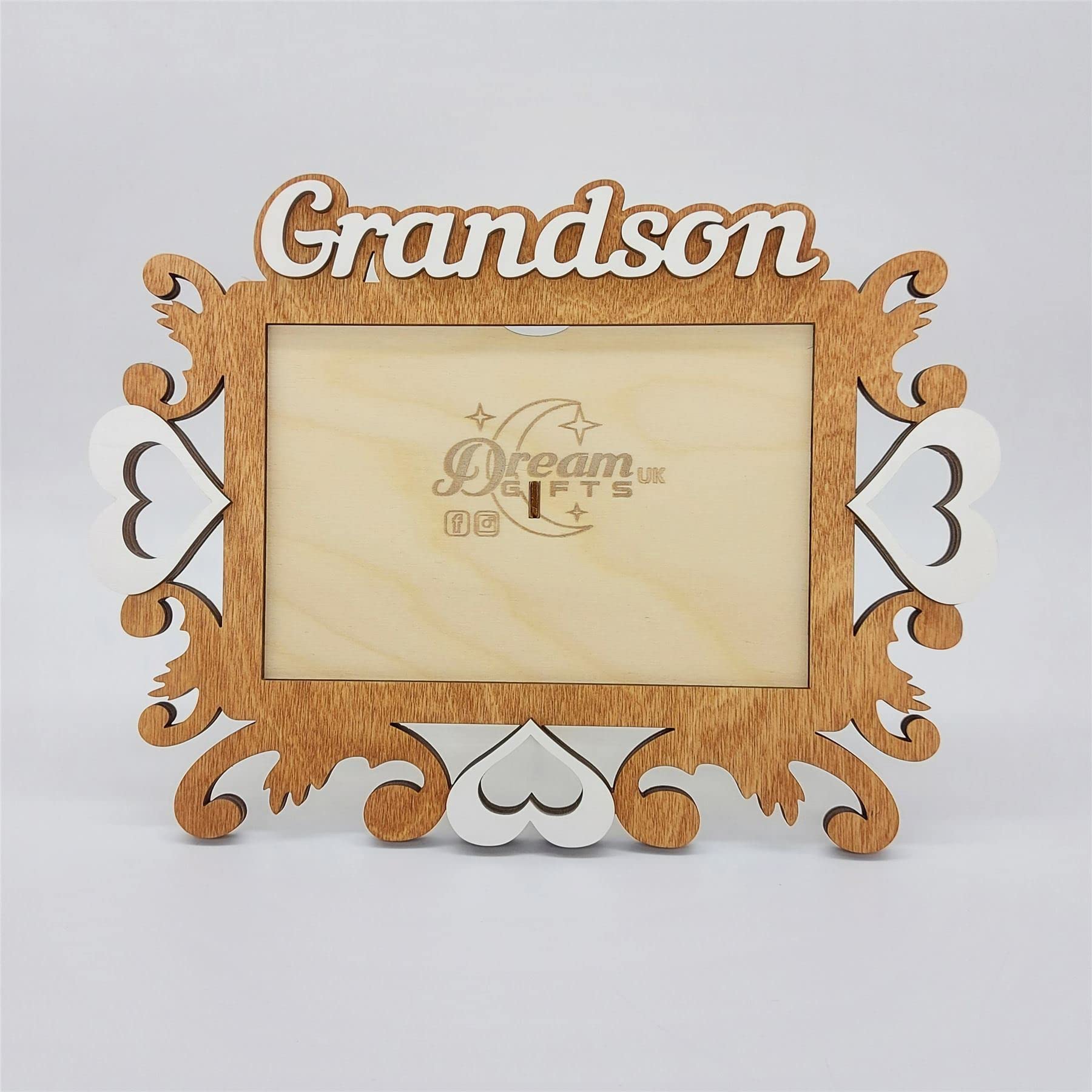 Grandson Baby Hand Made Wooden Photo Frame Decorative Gift for Tabletop or Wall - Hearts (Light Wooden)