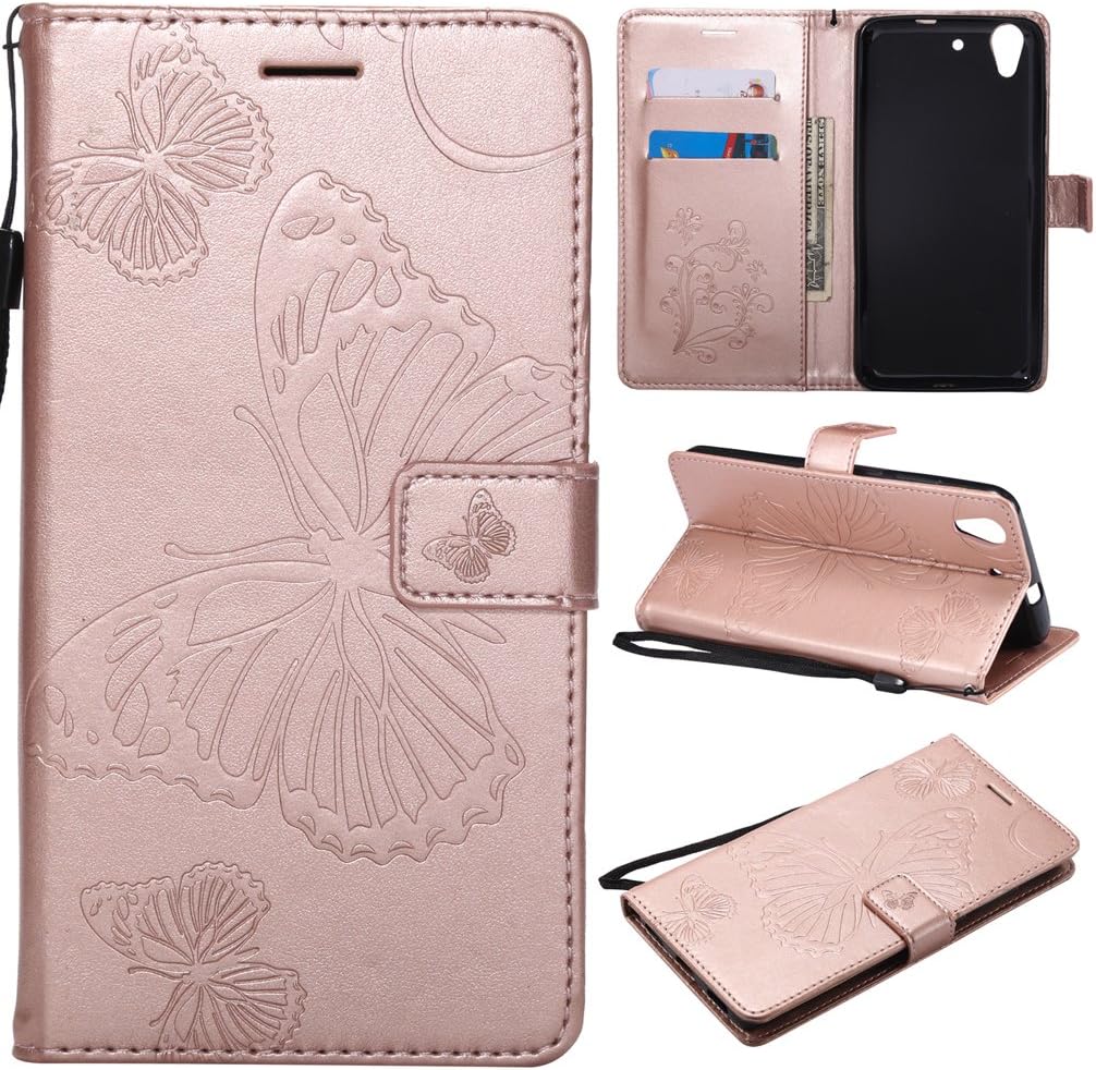 LMFULM® Case for Huawei CAM-L21 / Huawei Y6 II (5.5 Inch) PU Leather Cover Magnetic Cover Butterfly Embossed Design Stent Function Flip Case for Huawei CAM-L21 / Y6 II Rose Gold
