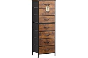 WLIVE Tall Dresser for Bedroom, 7 Drawer Dressers & Chests of Drawers, Fabric Dresser for Closet, Night Stand with Metal Frame, Storage Tower with Fabric Bins, Wood Top, Rustic Brown Wood Grain Print